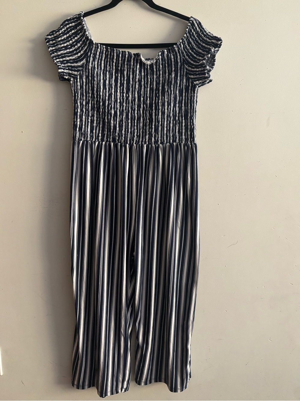 J for Justify Navy and White Striped Smocked Jumpsuit